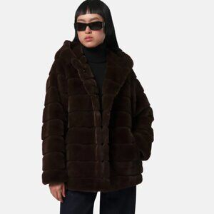 Apparis Goldy Hooded Espresso Faux-Fur Coat Size Small